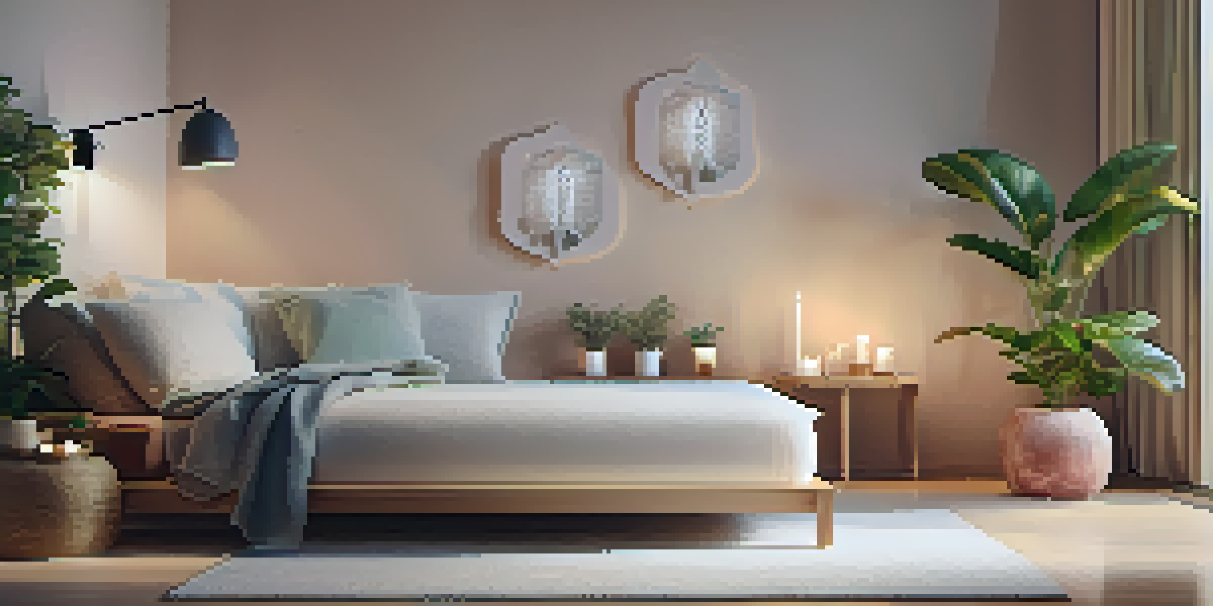 A tranquil home spa setting with a smart diffuser, essential oils, soft lighting, and cozy decor.
