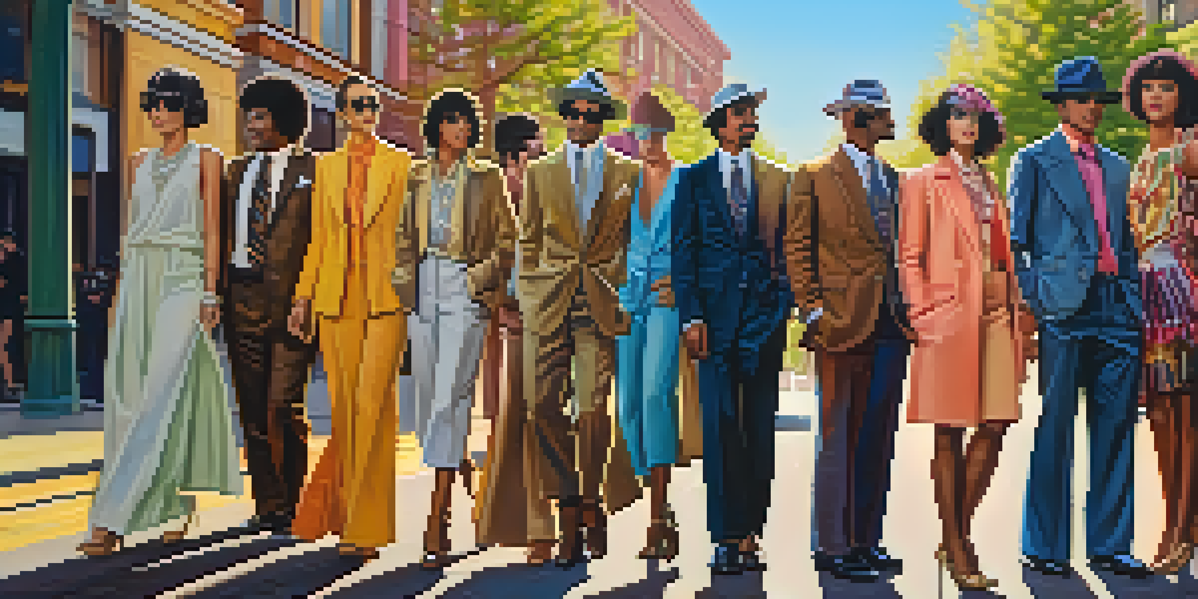 A diverse group of individuals in vintage 1970s fashion, standing in a colorful street scene with warm sunlight.