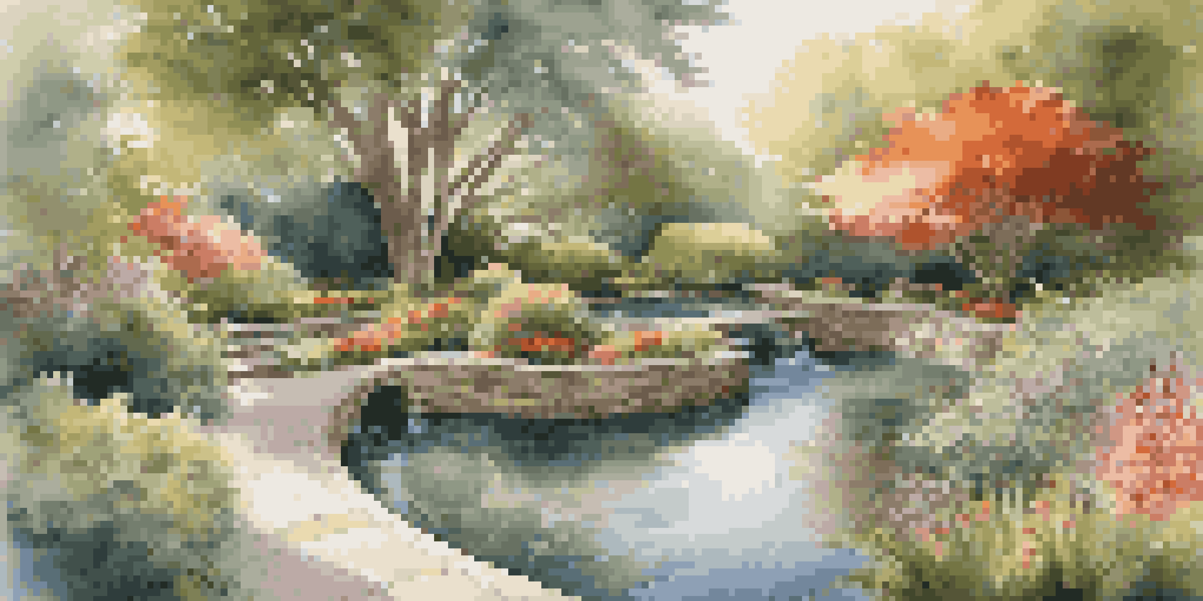 A peaceful luxury garden with a koi pond, surrounded by vibrant native flowers and dappled sunlight filtering through trees.