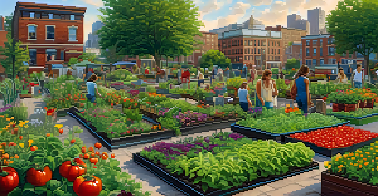 An urban community garden with a mix of edible plants and flowers, people tending to the garden, and city buildings in the background.