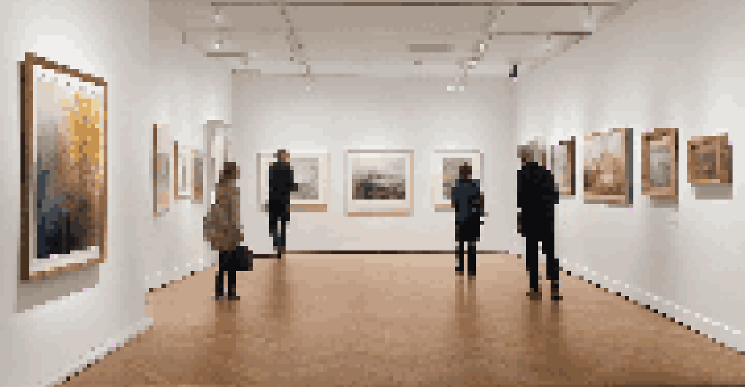 An elegant art gallery with framed art pieces illuminated by spotlights, showcasing a sophisticated atmosphere.