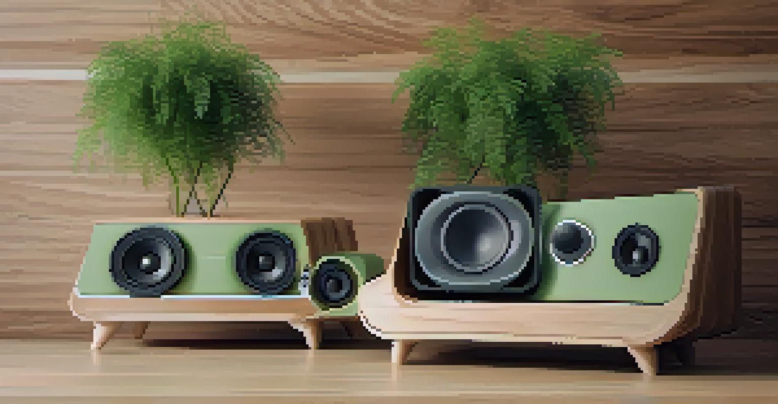 An artistic display of eco-friendly audio speakers made from recycled materials in a bright space with greenery.