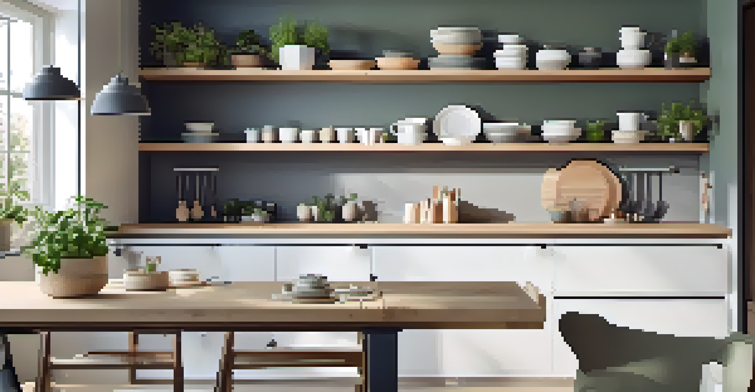 A modern kitchen featuring open shelving with dishware and decorative containers, brightened by natural light.