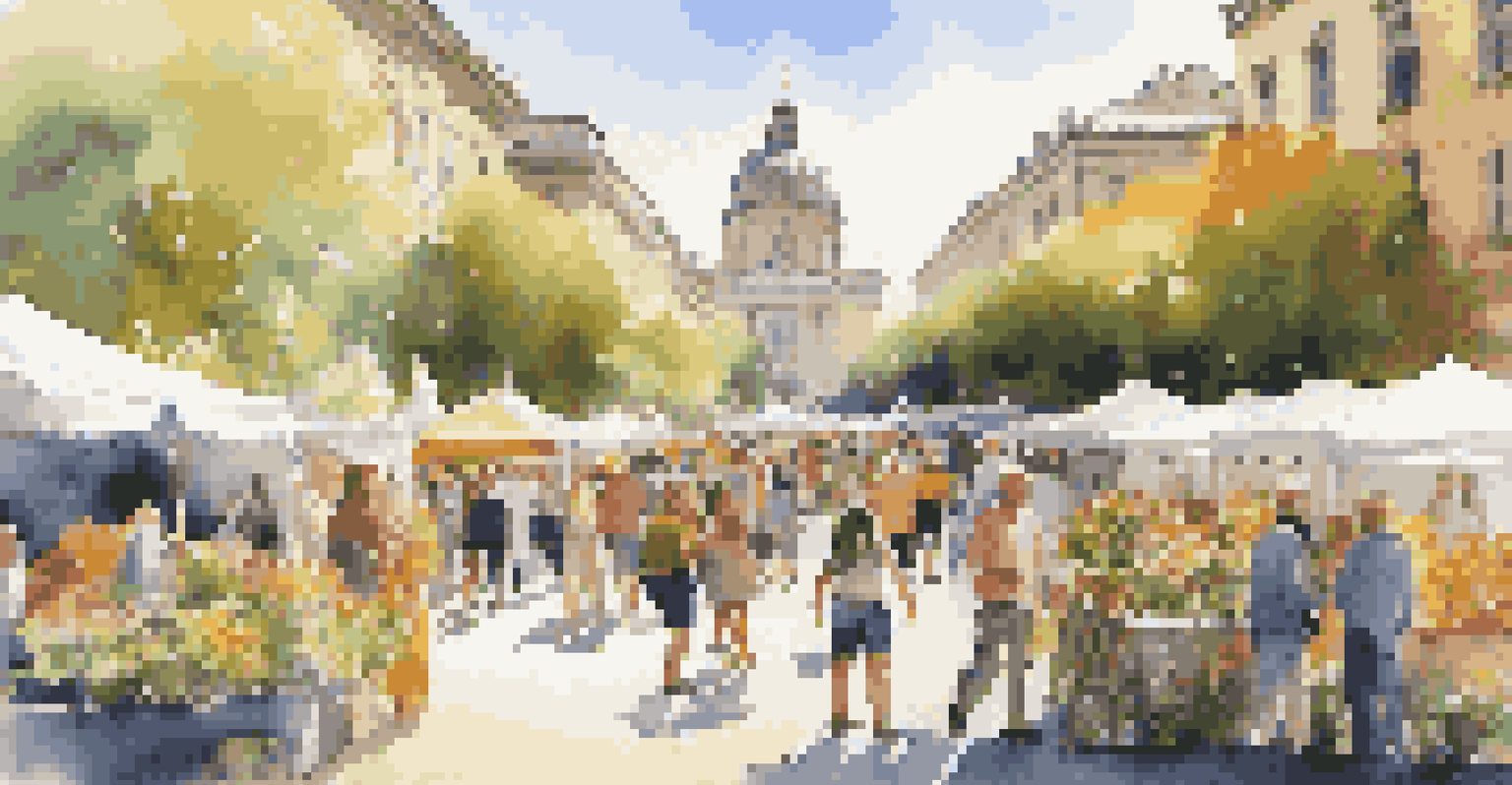 An outdoor art fair with colorful tents and artists interacting with visitors in a sunny city square.
