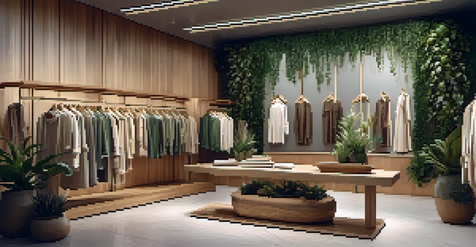 A luxurious boutique filled with sustainable clothing, decorated with plants and warm lighting.