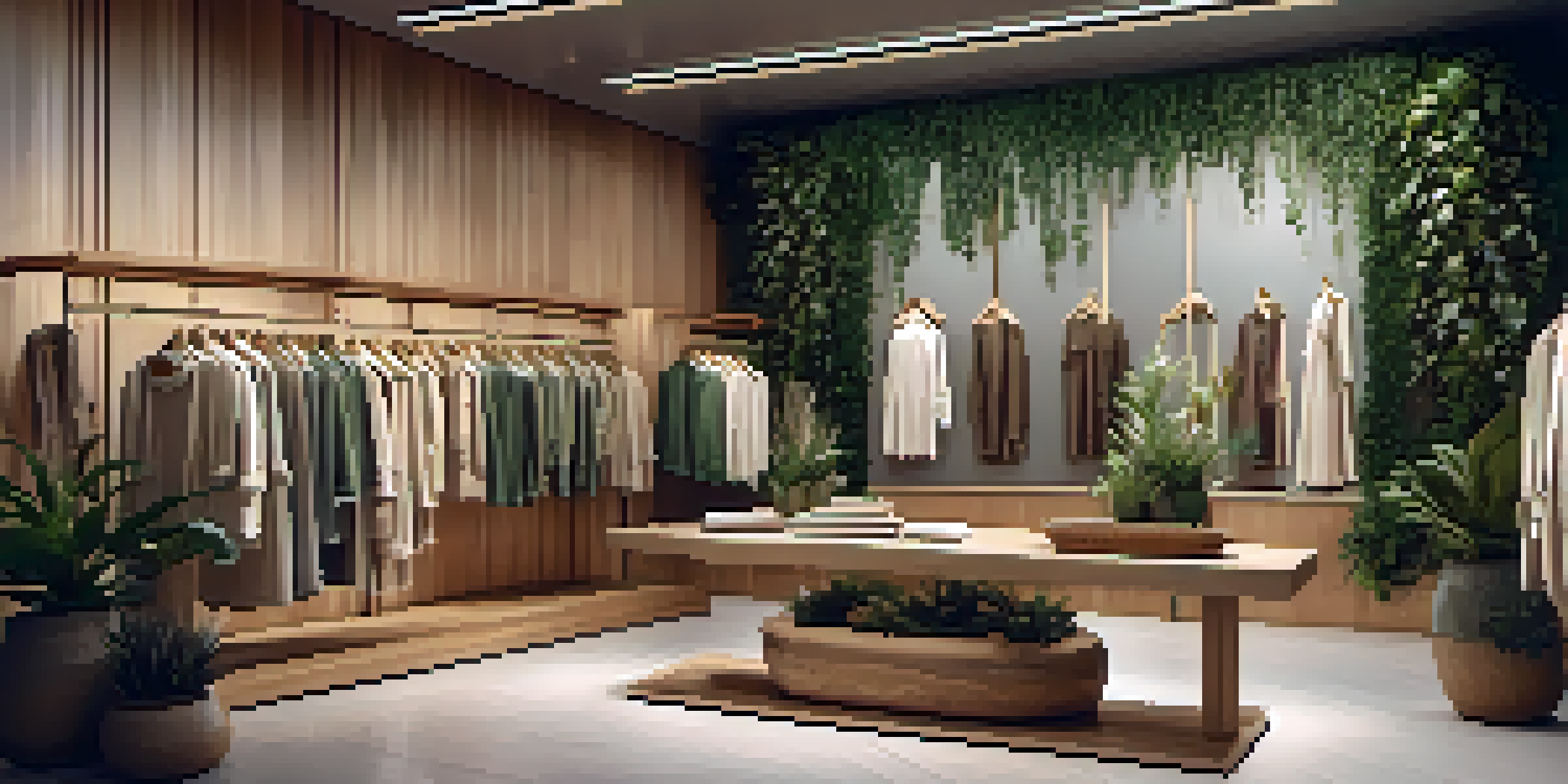 A luxurious boutique filled with sustainable clothing, decorated with plants and warm lighting.
