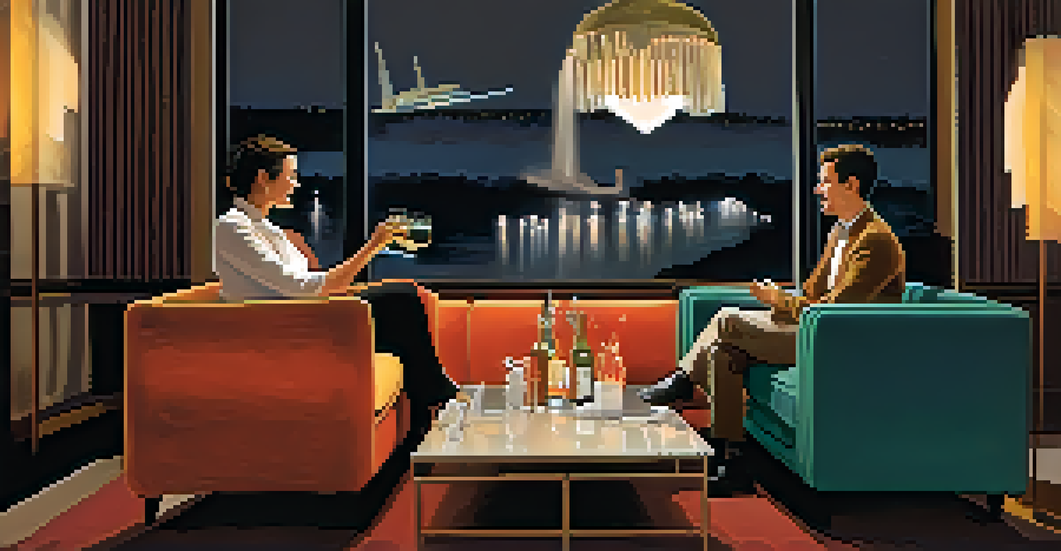 Two guests chatting at a hotel lounge, surrounded by elegant decor and warm lighting.
