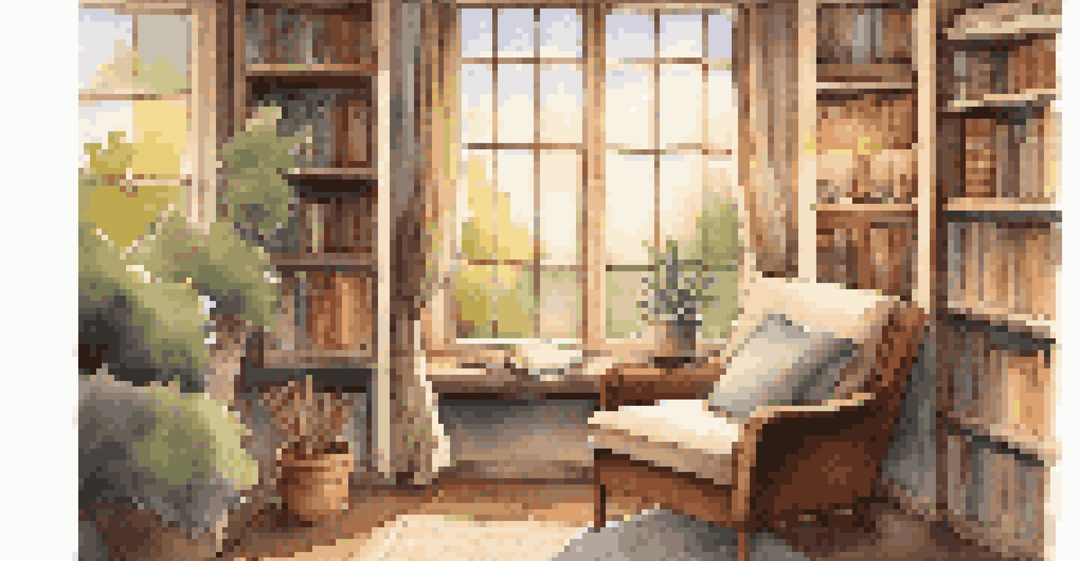 A cozy reading nook with an armchair, throw blankets, and a view of nature through a large window.