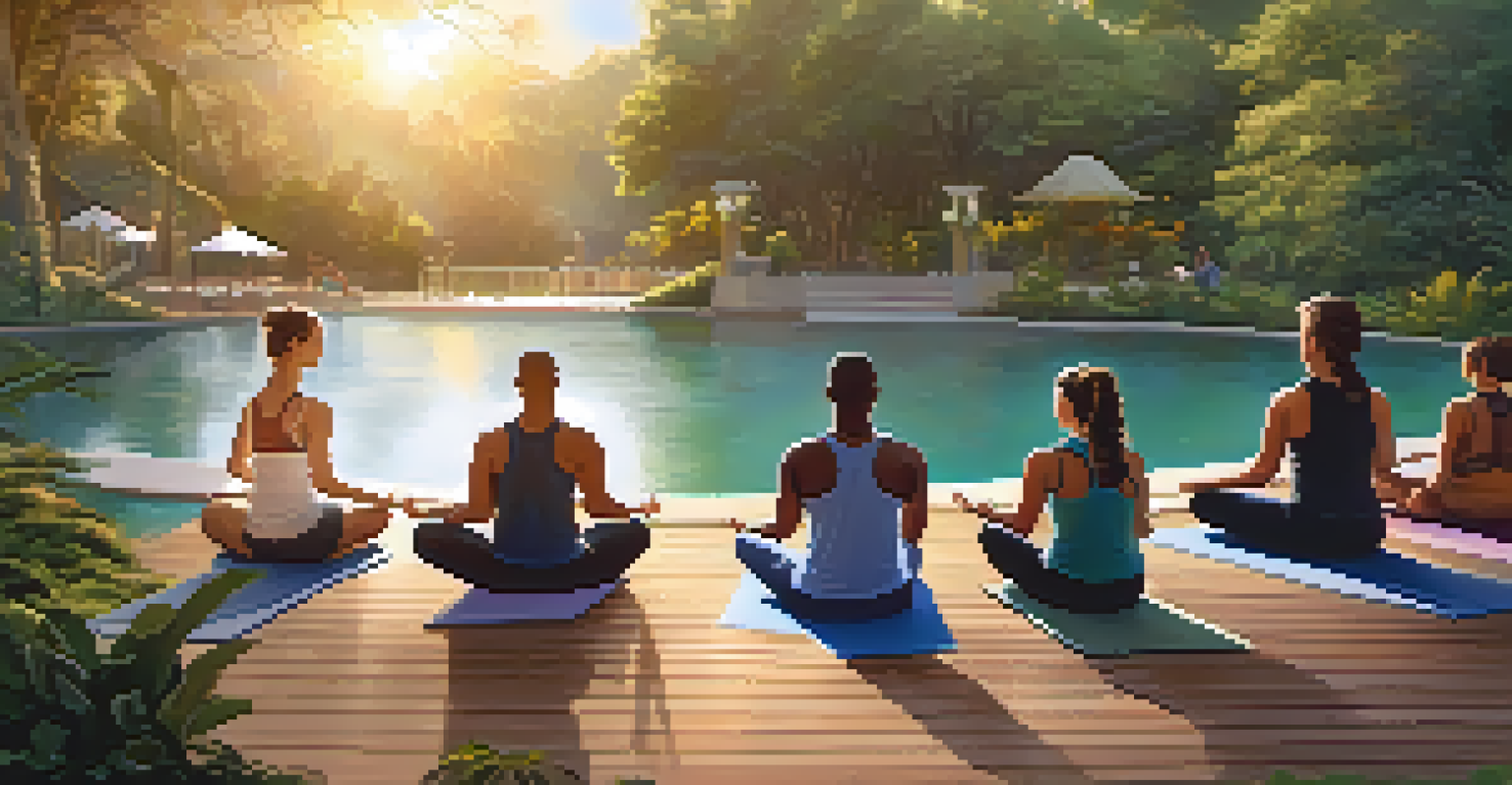 A serene outdoor yoga class at sunset, surrounded by nature and a calm atmosphere.