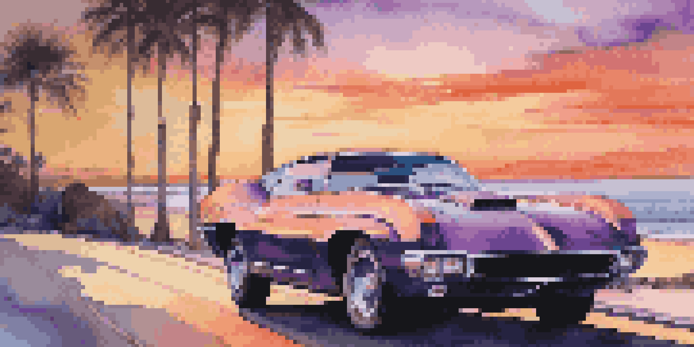 A luxury performance car parked on a coastal road at sunset, with a colorful sky and ocean waves in the background.