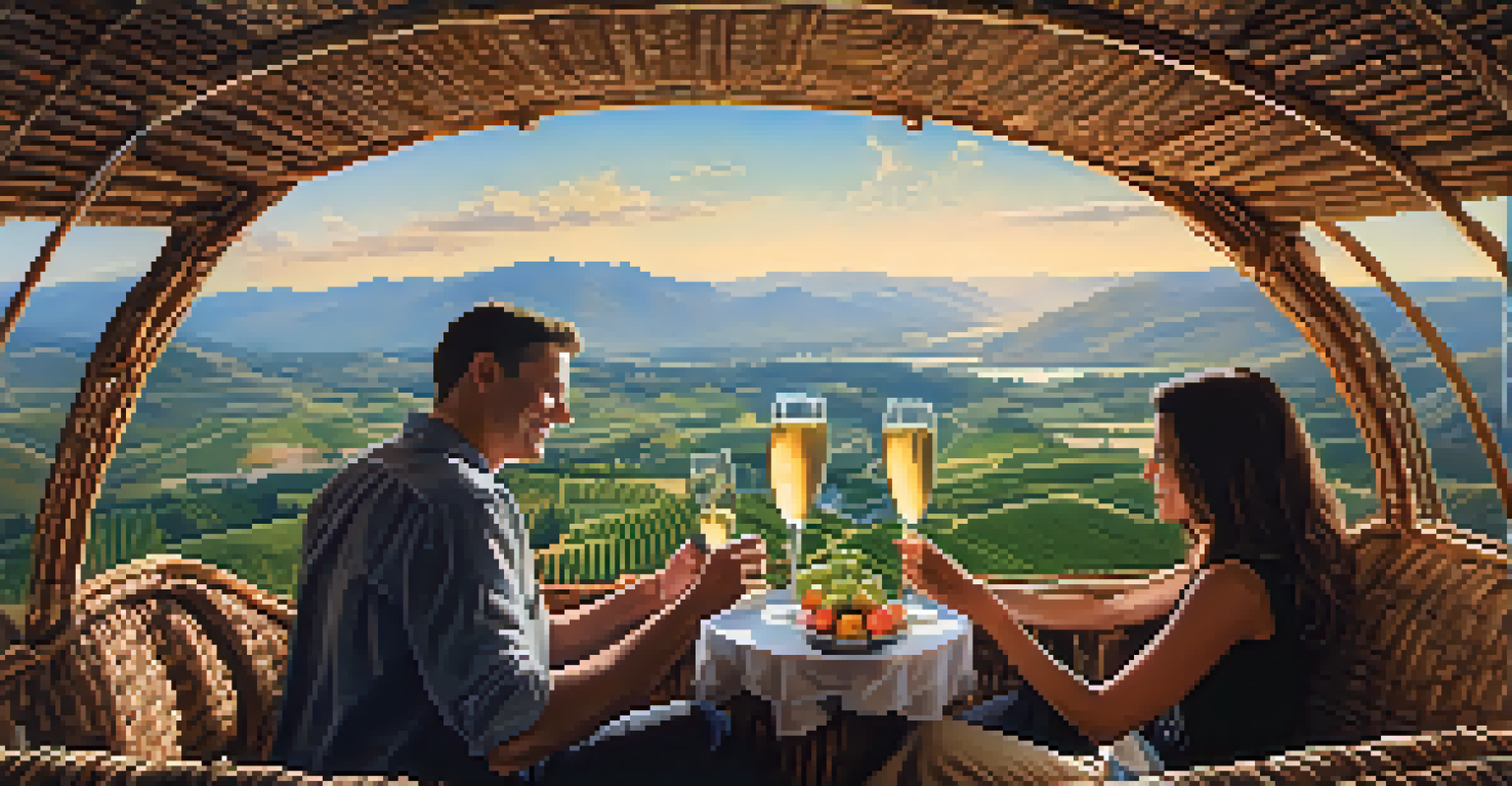 Two people toasting with champagne in a hot air balloon, with vineyards and mountains visible below.