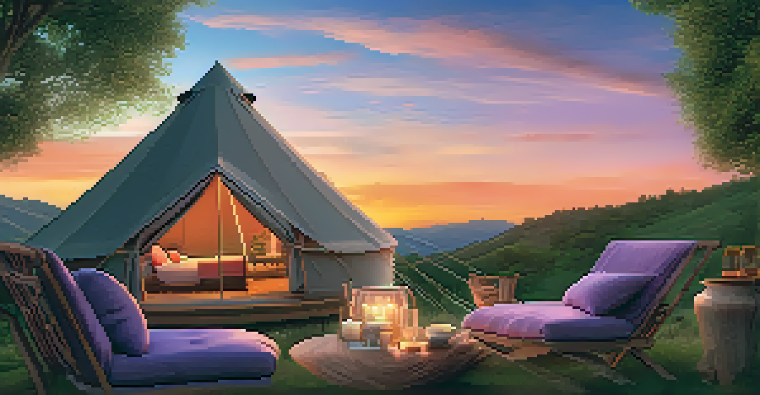 A luxurious glamping setup on a hillside with a yurt at sunset, surrounded by flowers and a cozy seating area.