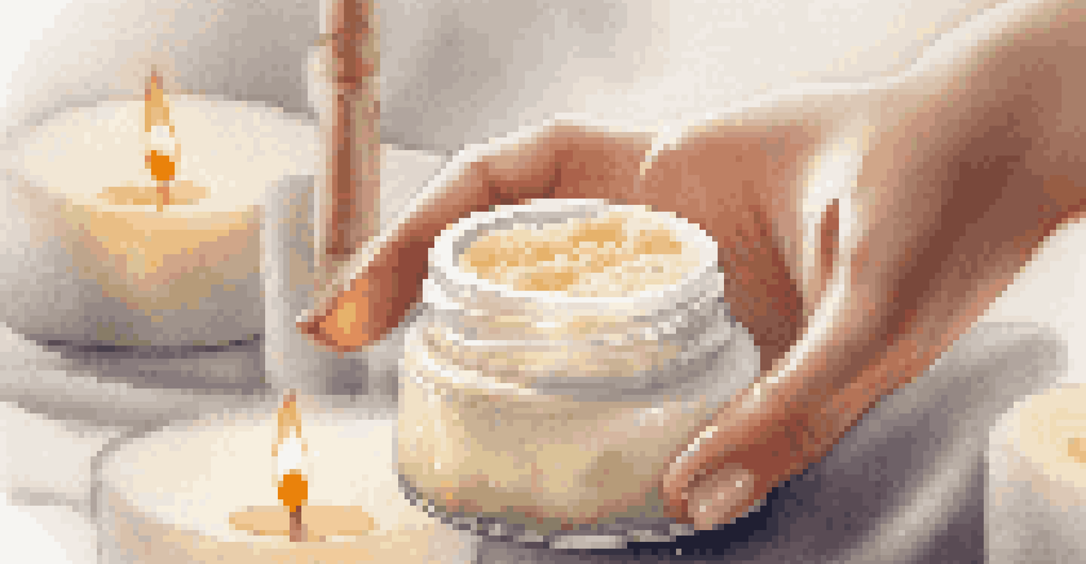 A close-up of a hand applying a creamy body scrub in a tranquil spa setting with candles and essential oils in the background.