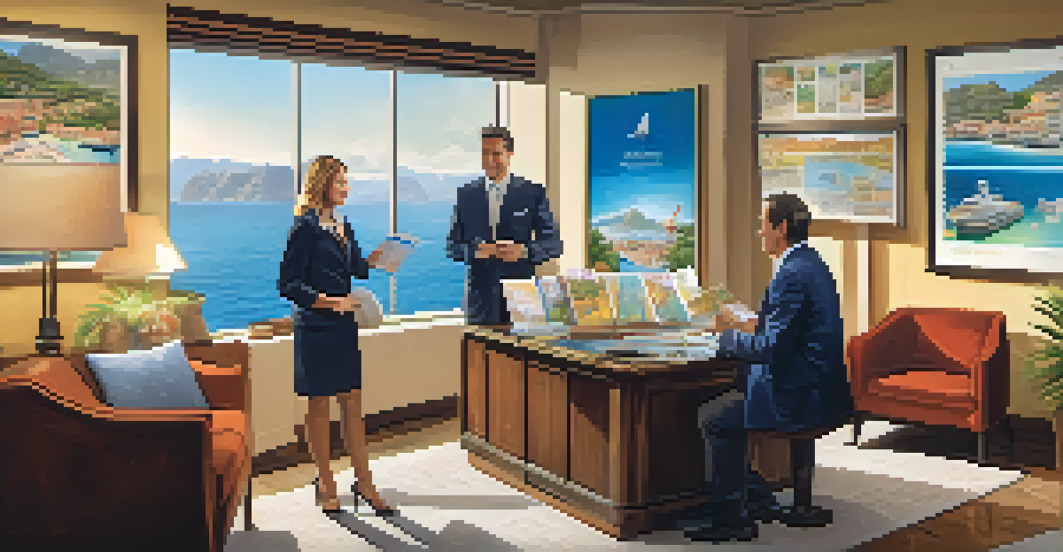 A travel agent assisting a couple with planning a luxury cruise, surrounded by brochures and a world map.