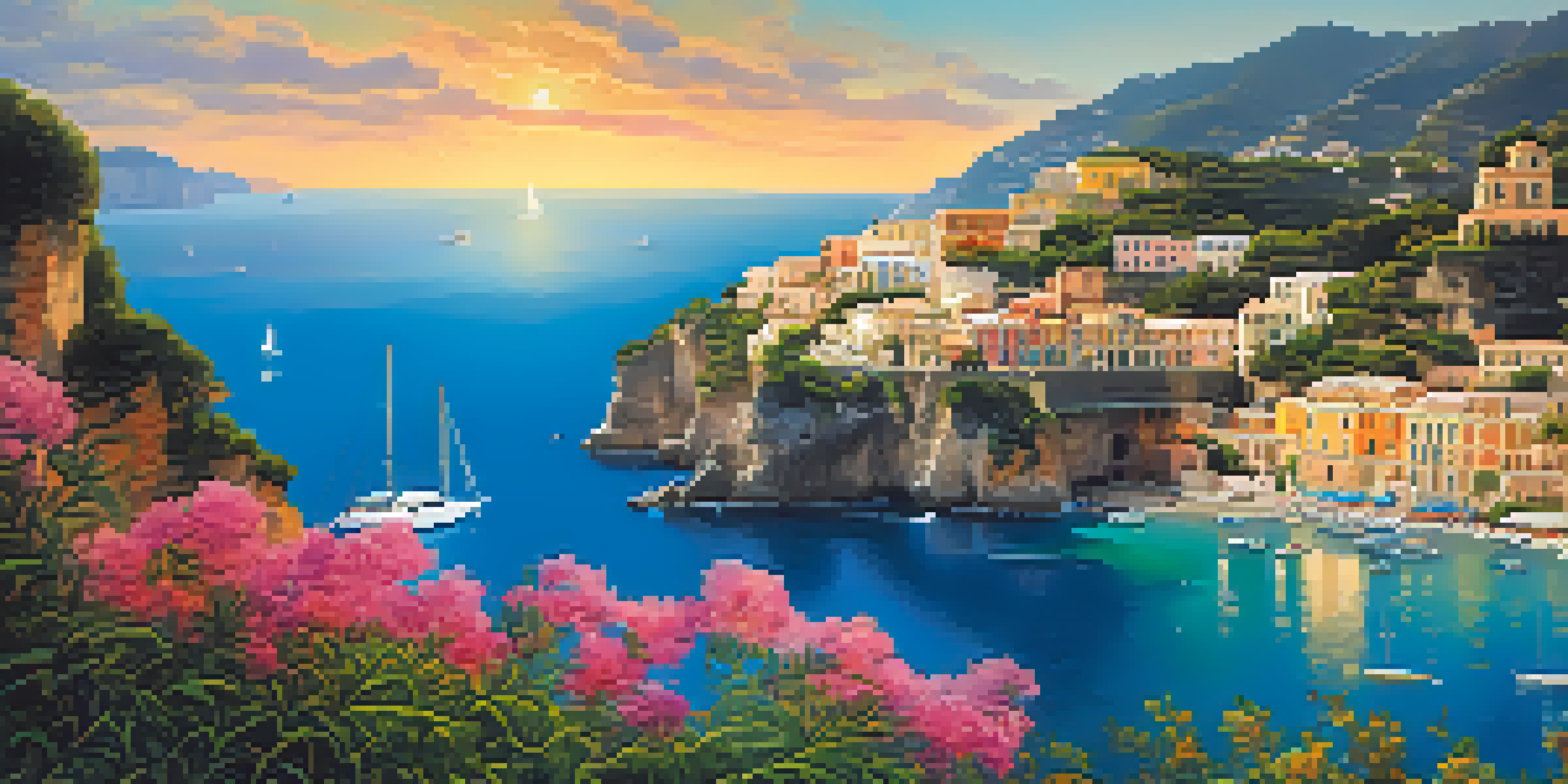 A luxurious yacht anchored in a secluded cove along the Amalfi Coast during sunset, with colorful villages and dramatic cliffs in the background.
