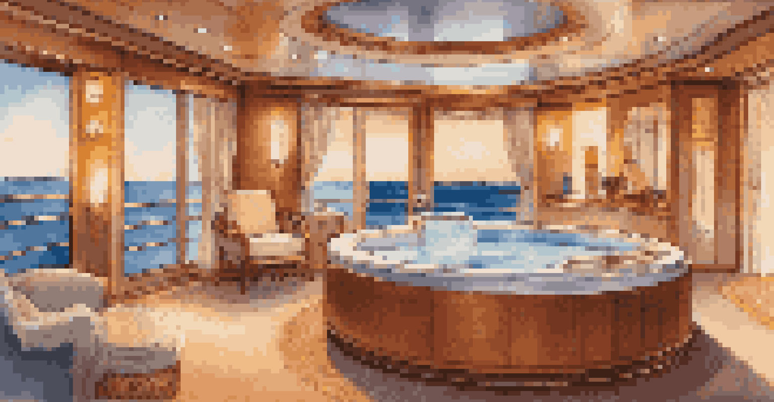 A luxurious spa suite with a hot tub overlooking the ocean, featuring elegant decor and soft lighting.