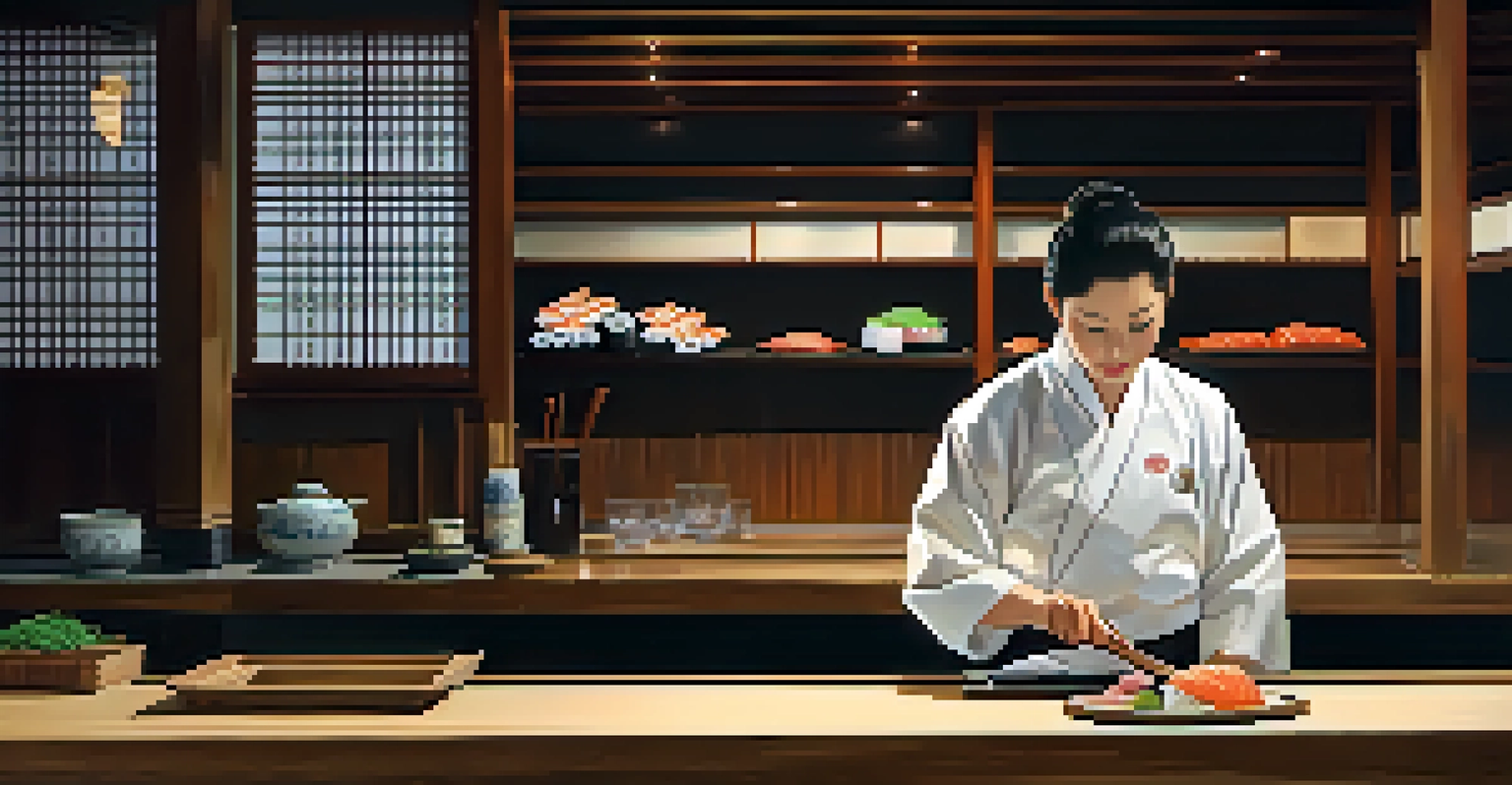 A traditional sushi counter with a chef preparing sushi, surrounded by warm wooden decor and soft lighting.