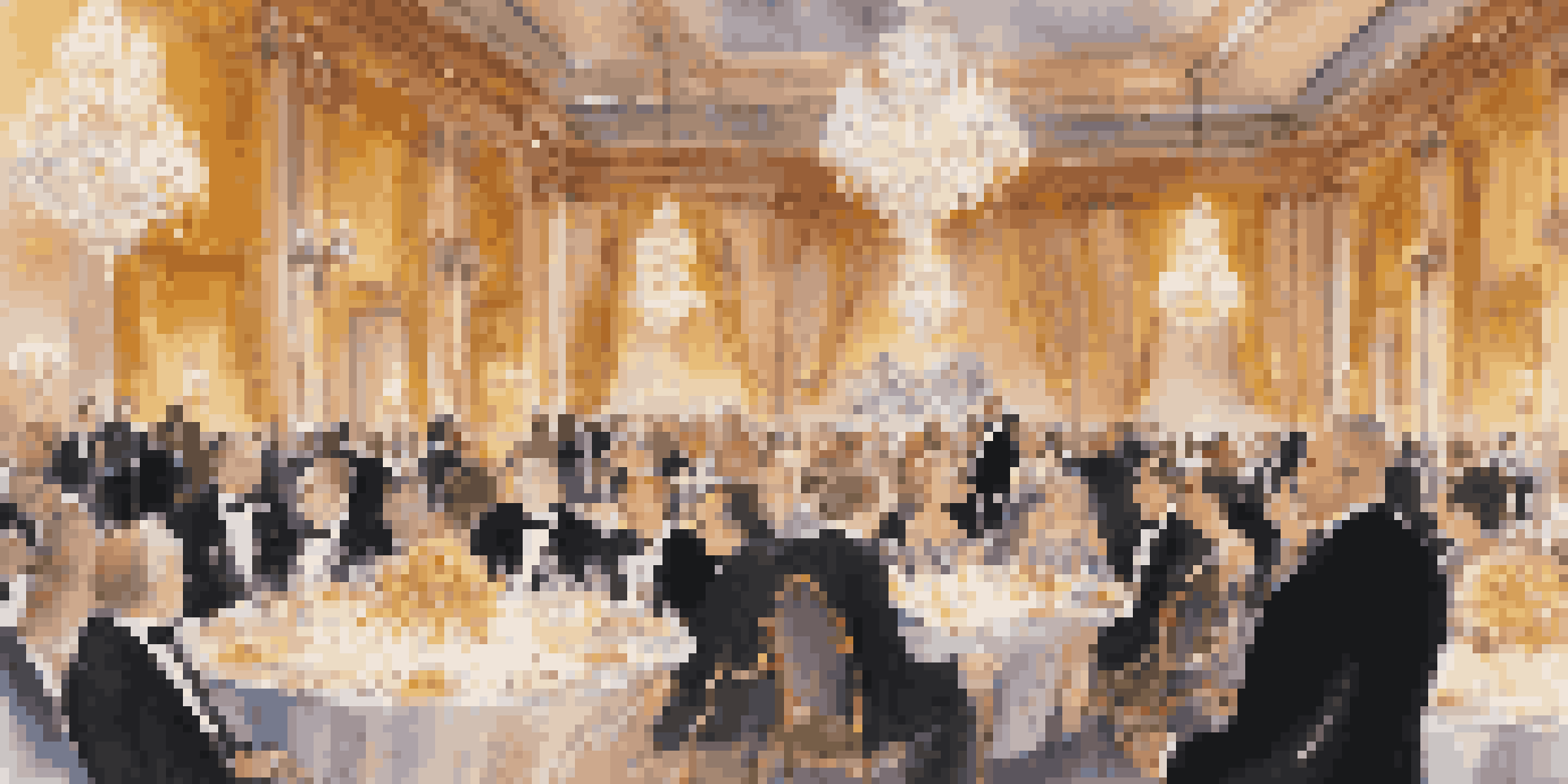A lavish charity event in a grand ballroom with guests in formal attire, golden lighting, and beautiful floral decorations.