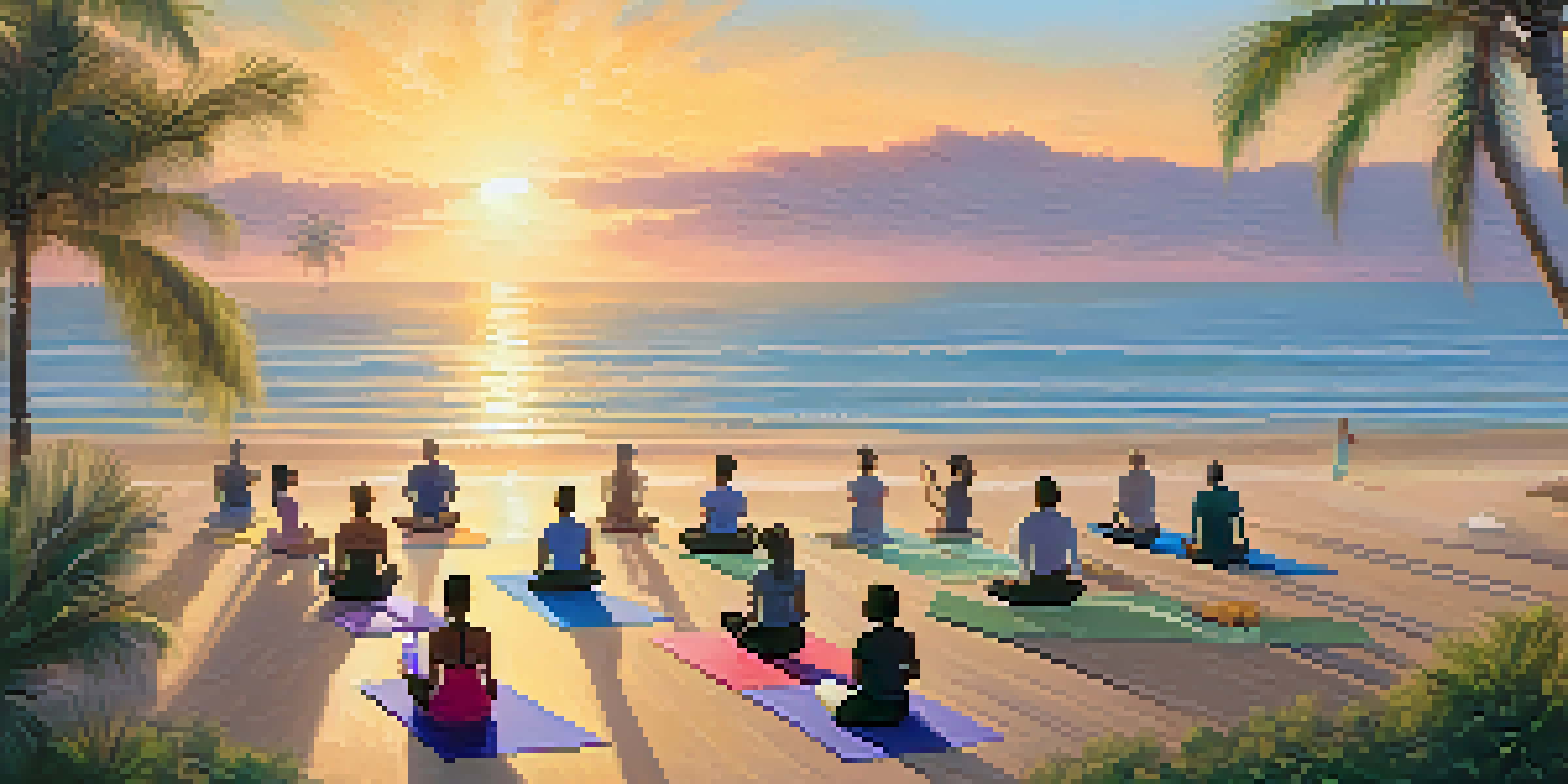 A peaceful beach yoga session at sunrise with participants in various poses and the sun rising over the ocean.