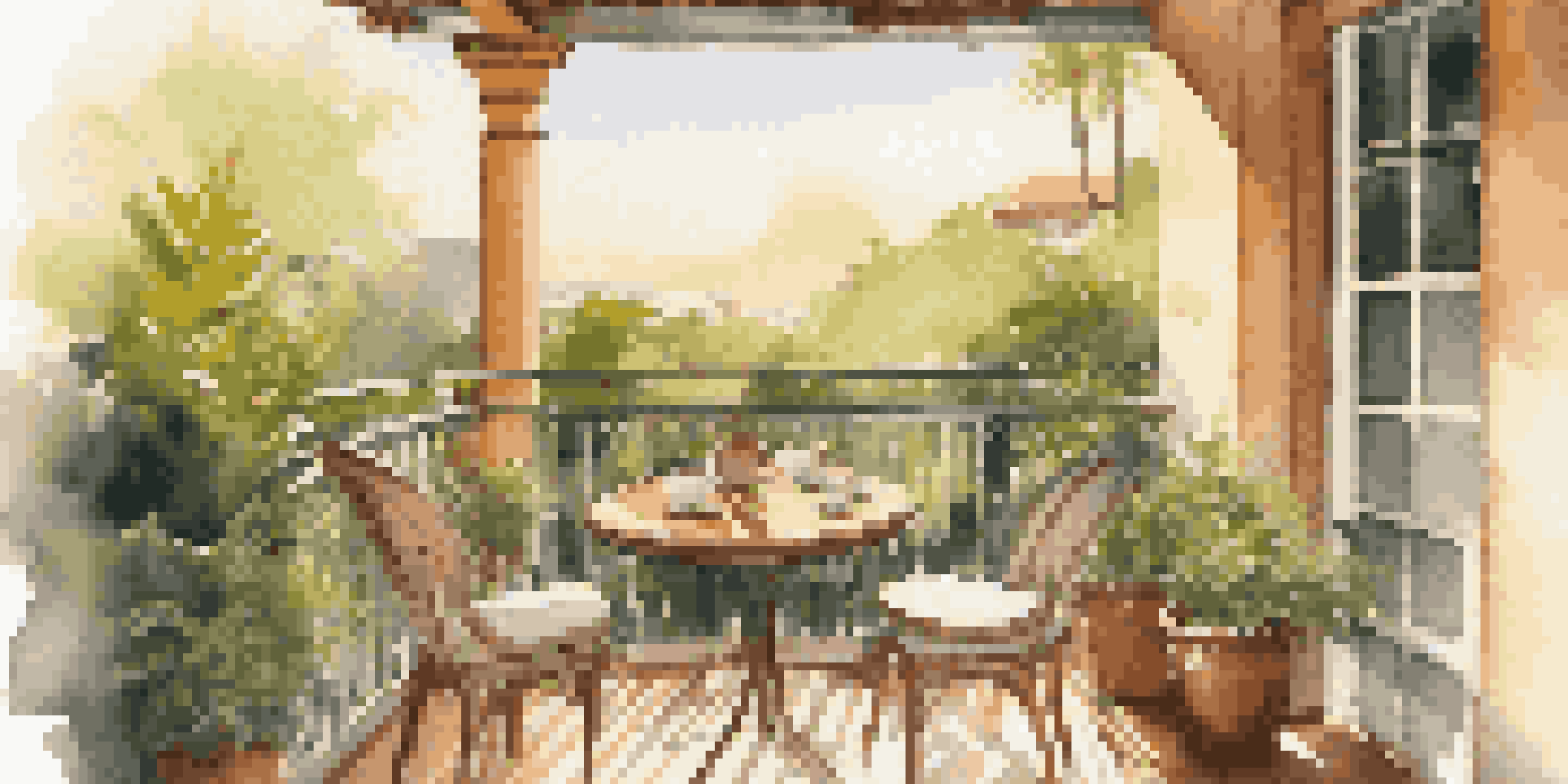 A peaceful morning at a boutique hotel with a coffee cup on a wooden table and solar panels in the background, surrounded by greenery.