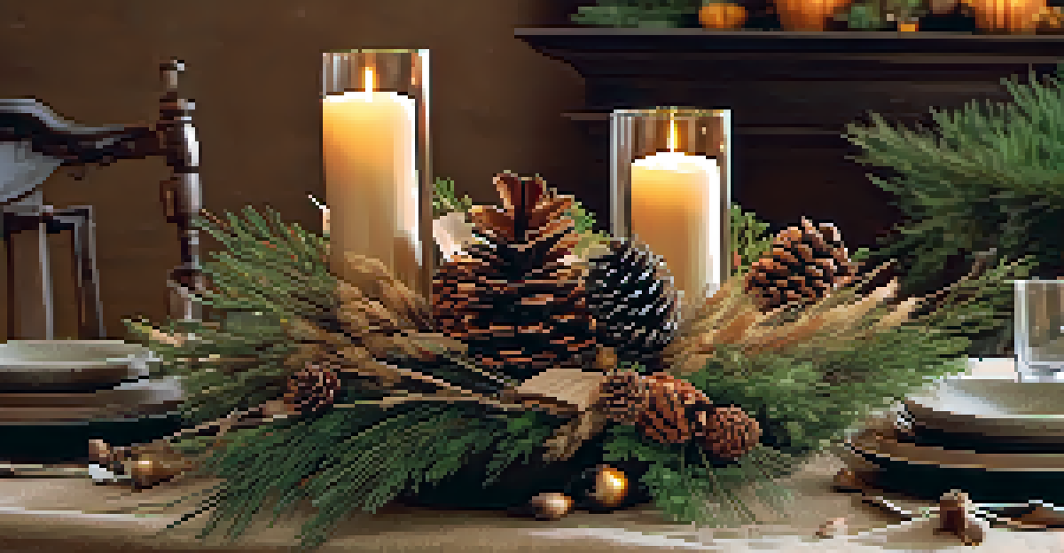 A dining table with a natural centerpiece of pinecones and dried wheat, set in earthy tones and candlelight.