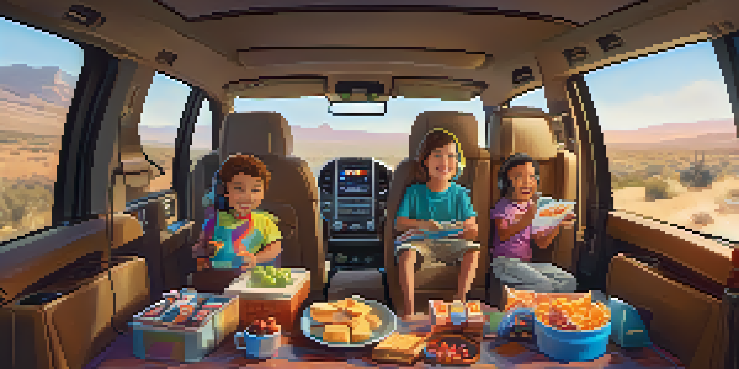 A family having fun inside a luxury SUV with snacks and games during a road trip.