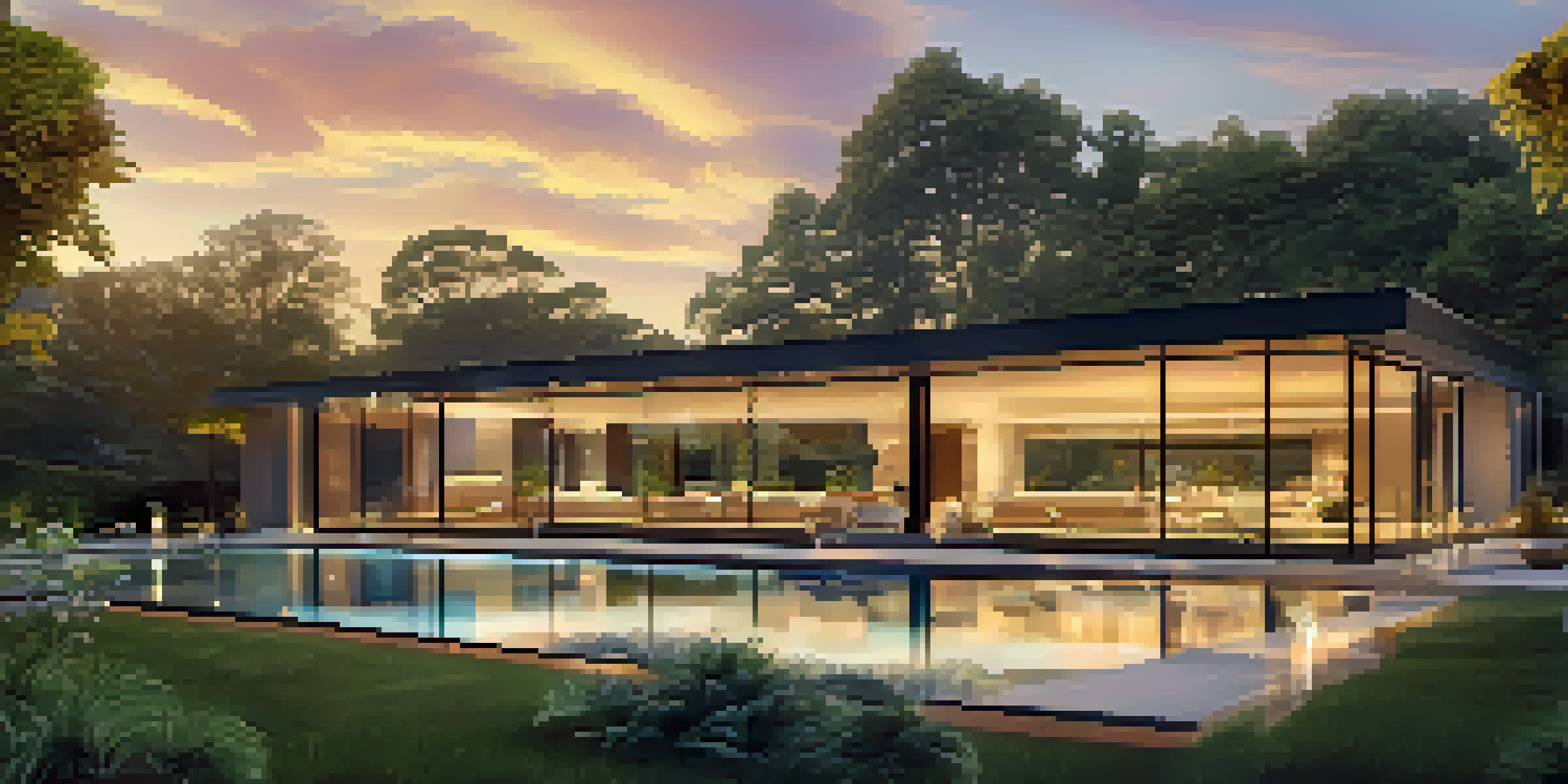 A luxurious modern home with a glass facade surrounded by greenery, illuminated by sunset light, featuring discreet security cameras.