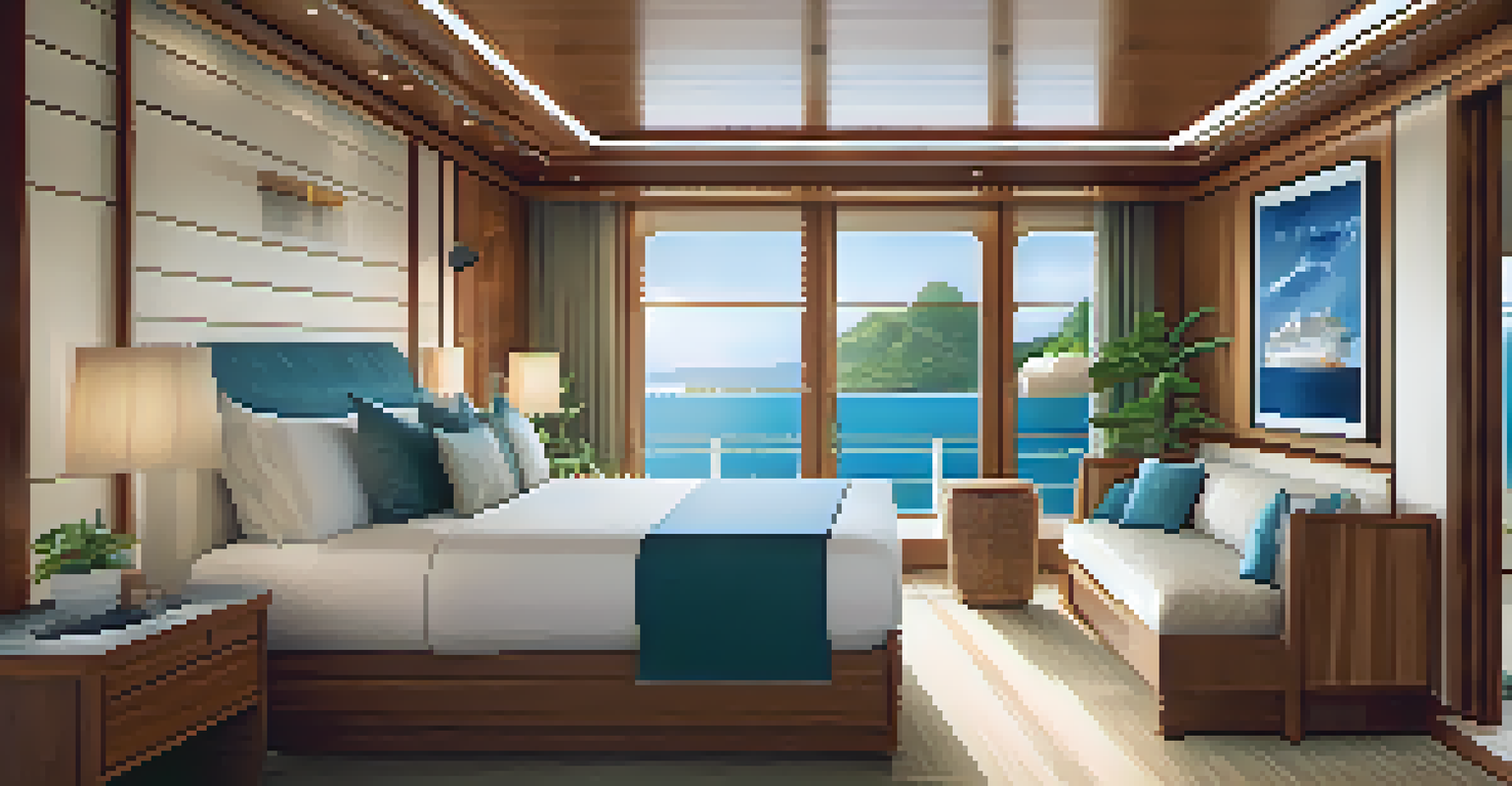 A luxurious cruise ship cabin with sustainable materials, large windows, and eco-friendly decor, showcasing ocean views.