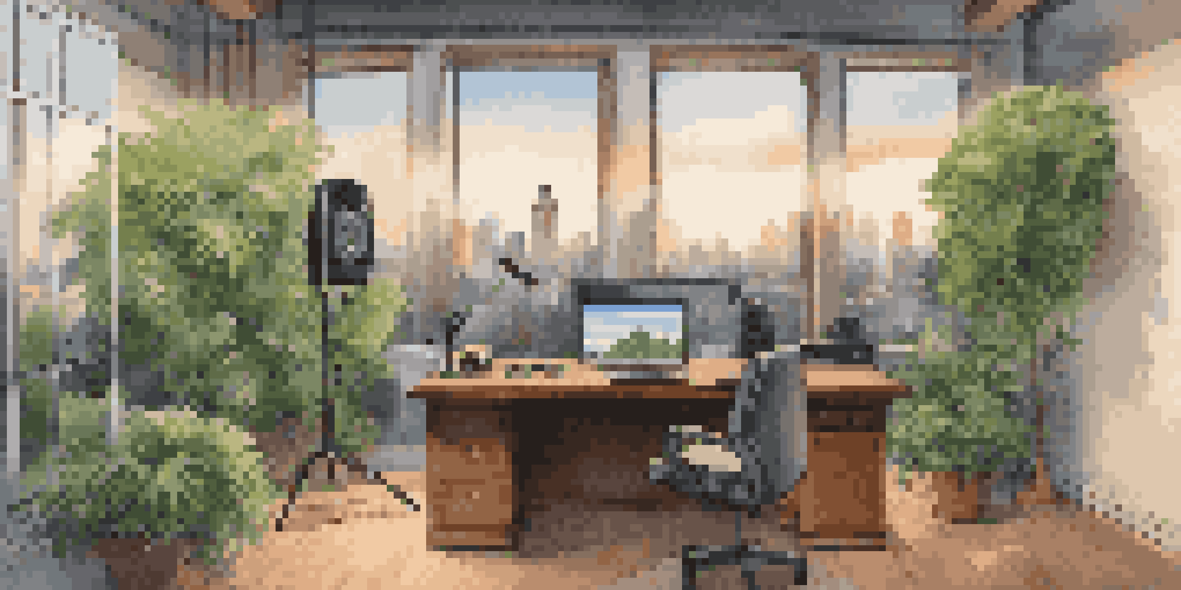 A luxurious podcasting studio featuring elegant wooden furniture, soft lighting, and a high-end microphone, with a city skyline view at dusk.