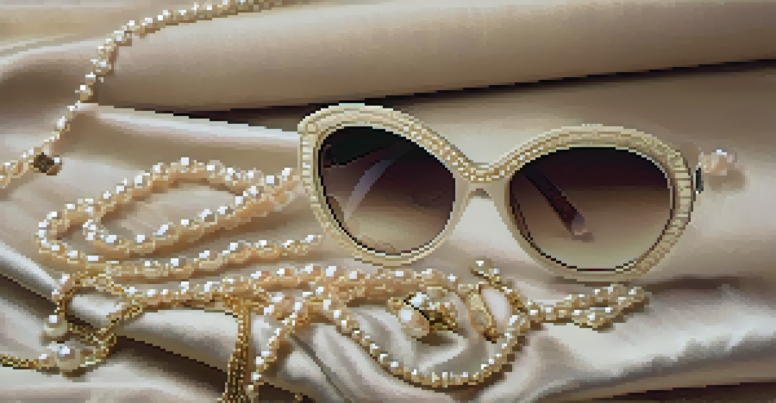 A close-up of vintage accessories like a pearl necklace, handbag, and retro sunglasses on a textured background.