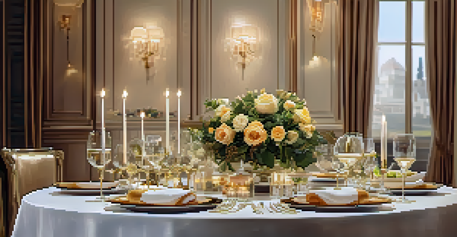 A beautifully set dining table with gourmet dishes, warm lighting, wine glasses, and flowers, creating an elegant atmosphere.
