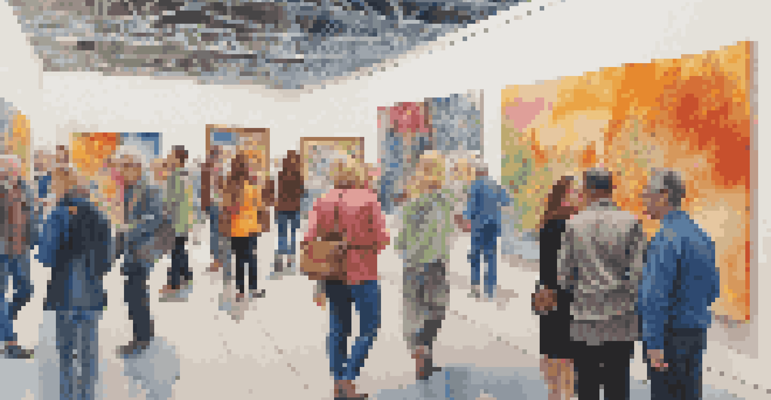 A close-up of a colorful contemporary artwork at an art fair with blurred visitors in the background.