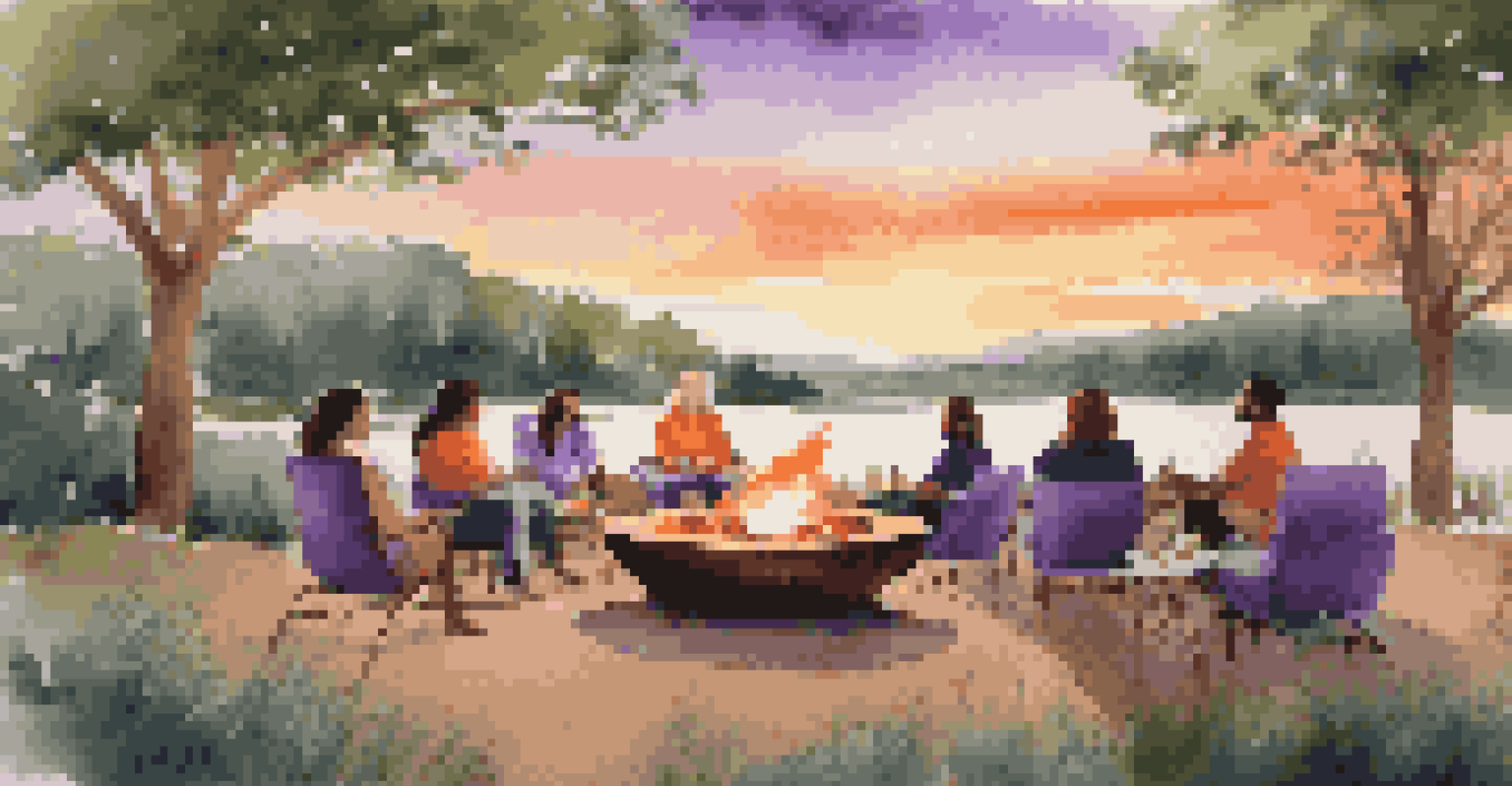 Entrepreneurs gathered around a fire pit during sunset, engaging in meaningful conversations in a serene outdoor setting.