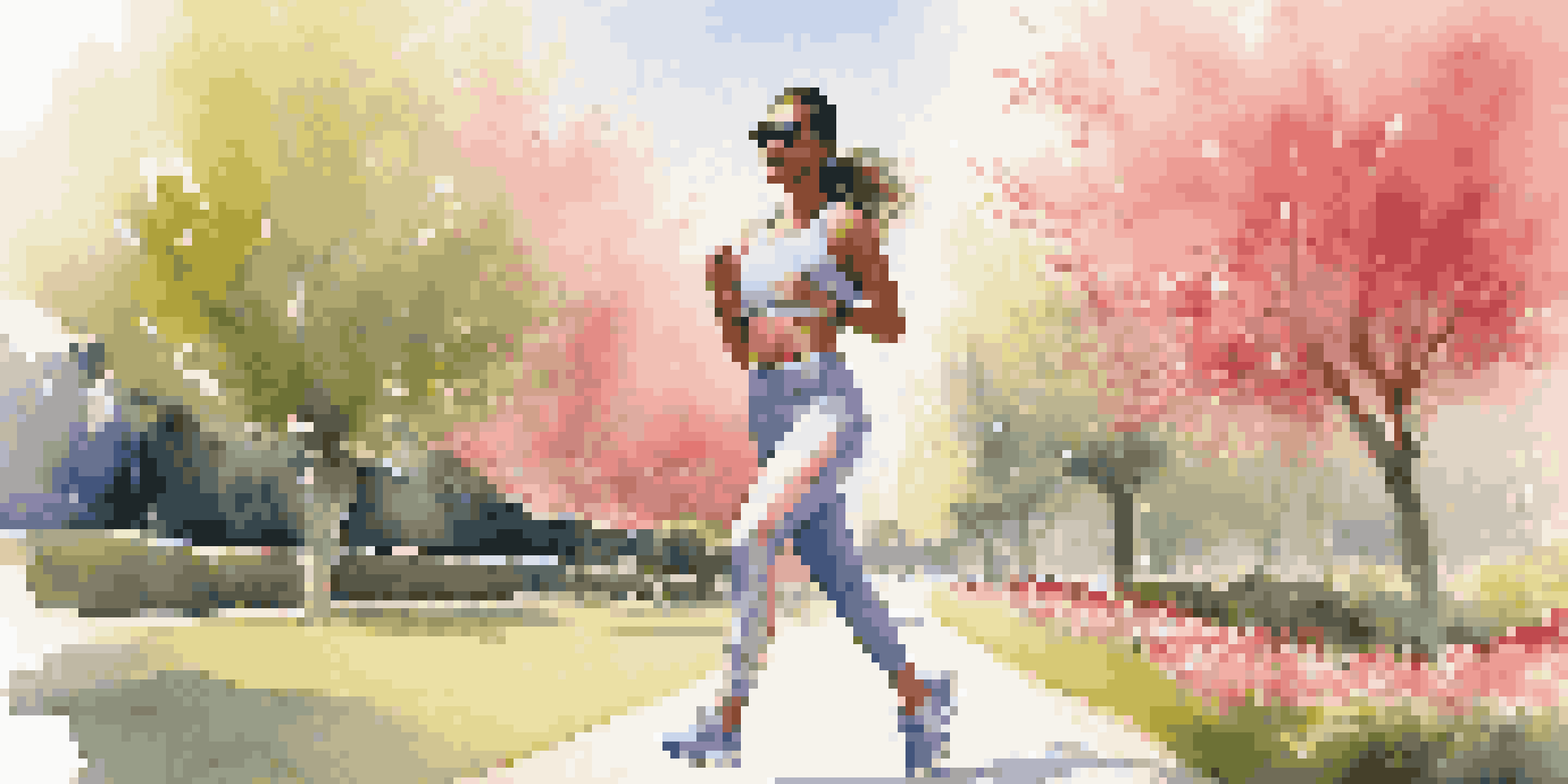A woman in luxury sportswear jogging in a sunny park surrounded by blooming flowers.