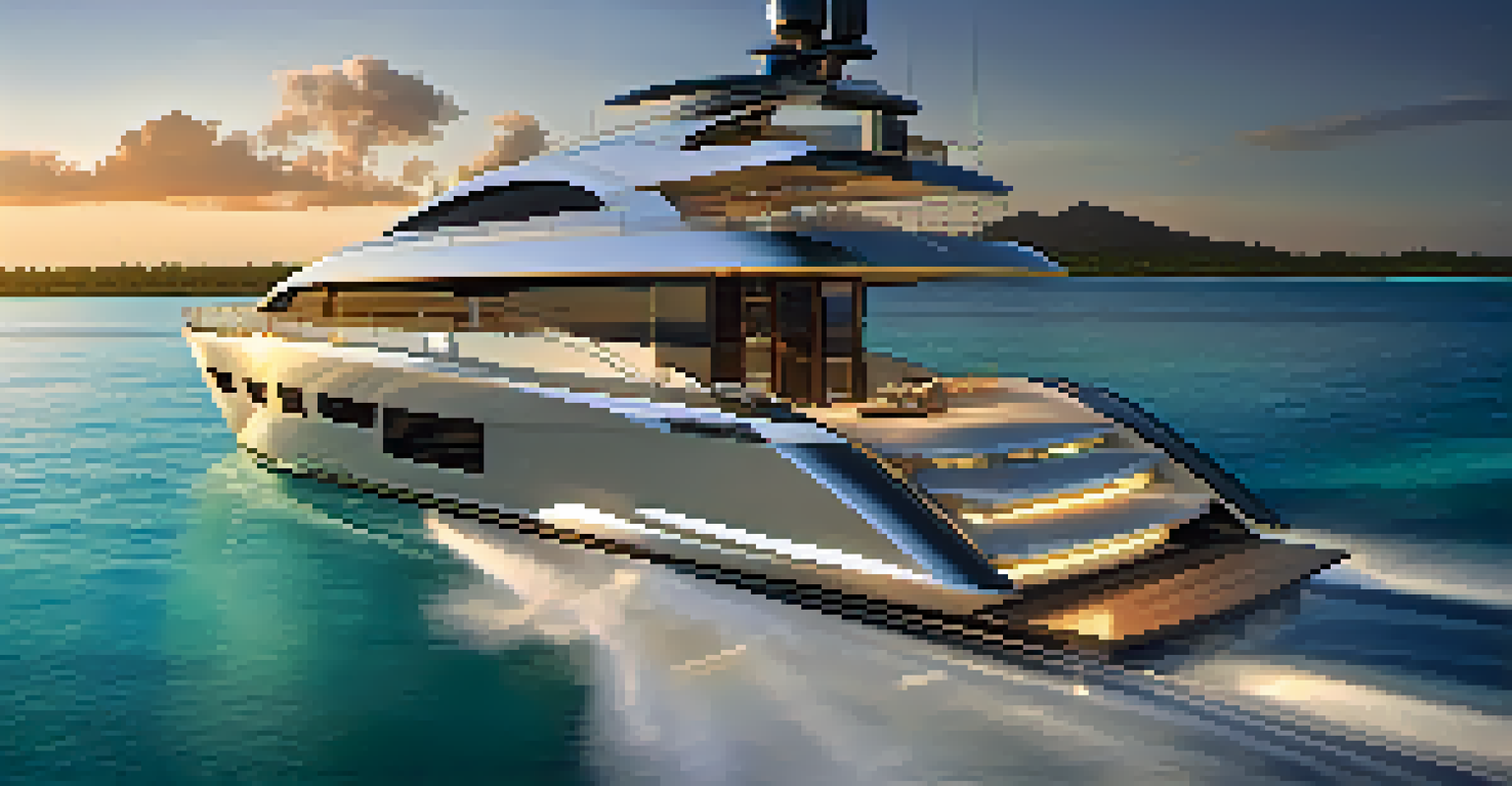 A luxurious yacht anchored in clear Caribbean waters, with a sunset and a beach in the background.