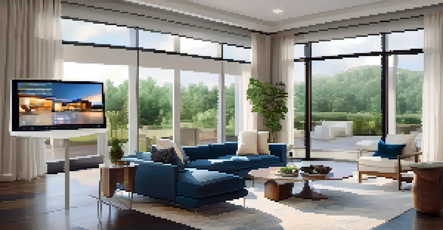 A modern living room with a tablet displaying a smart security system interface and integrated security cameras.