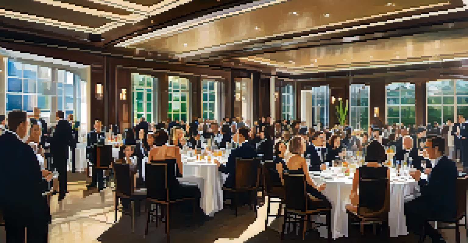 A group of professionals networking at a luxury club event, with gourmet appetizers and modern art decor.
