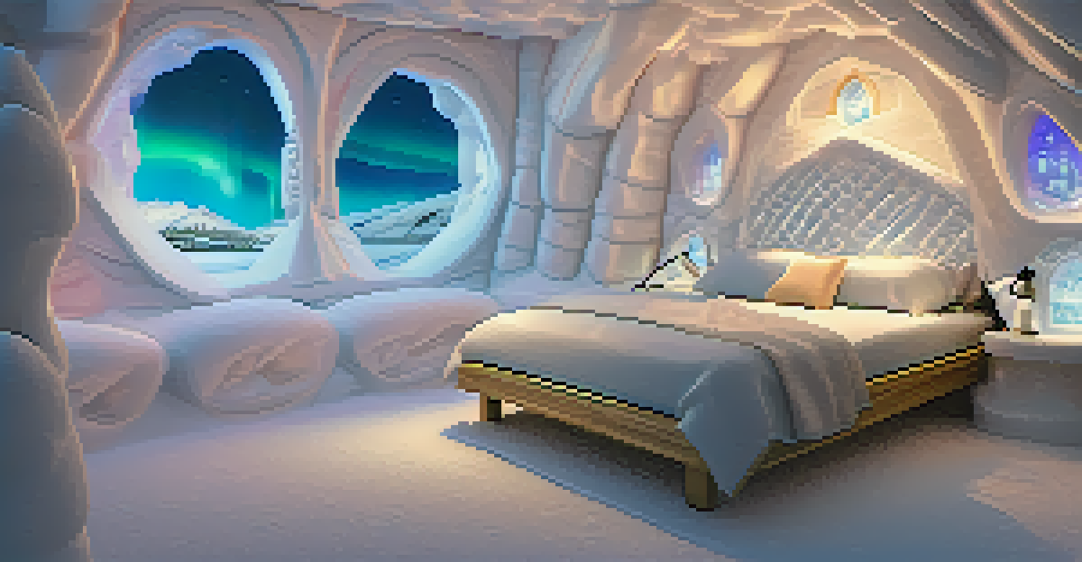 An interior view of an ice hotel room with carved ice sculptures and a colorful bed, featuring a snowy landscape outside illuminated by the Northern Lights.