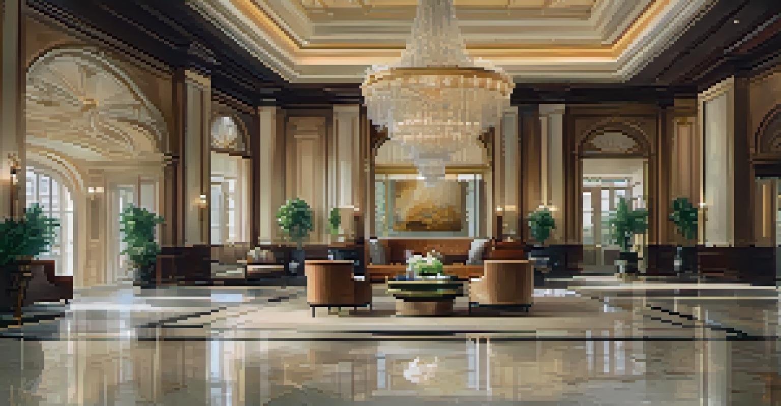 An opulent hotel lobby showcasing luxurious decor, chandeliers, and elegant seating arrangements.