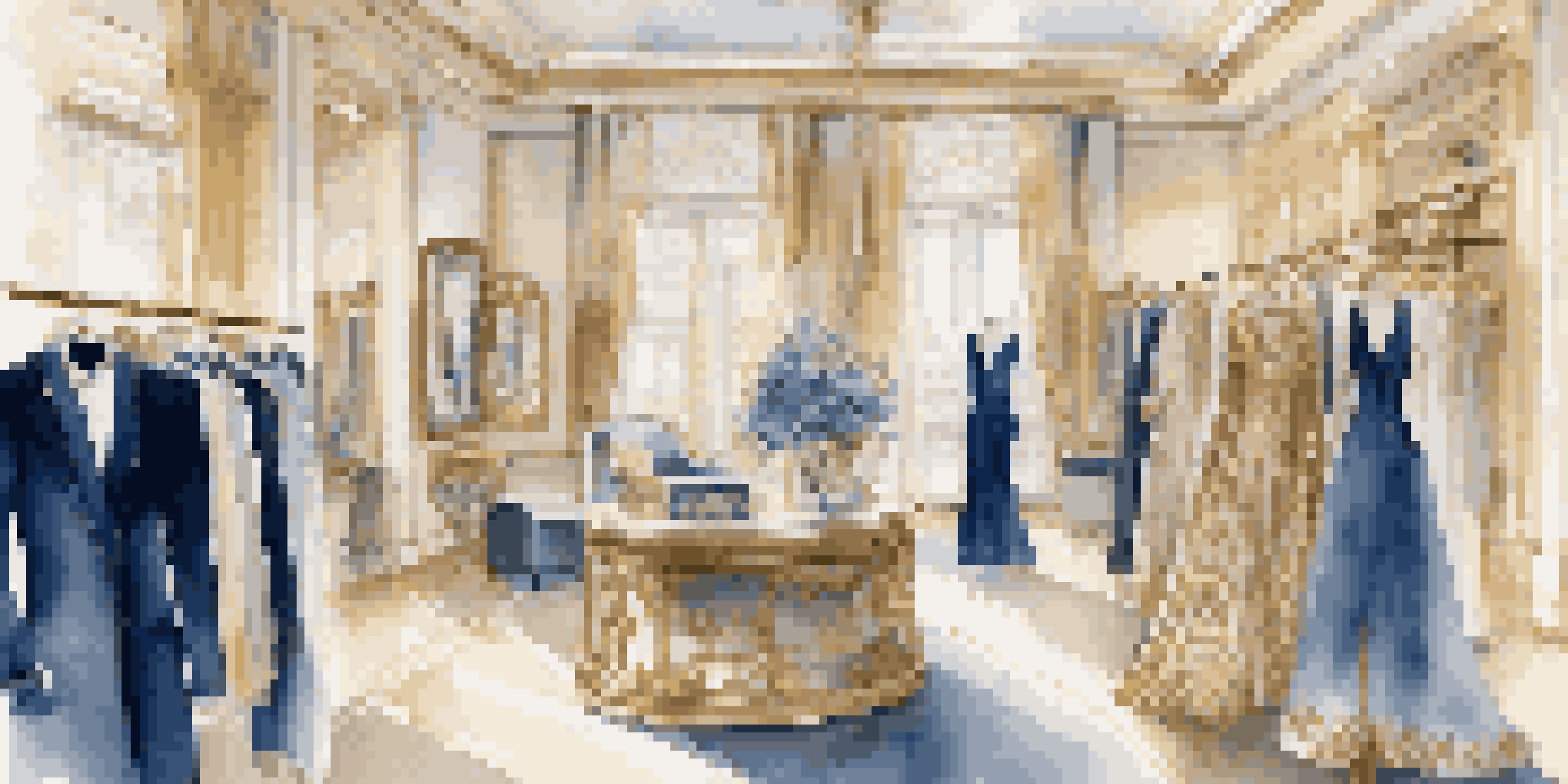 An elegant interior of a fashion boutique with clothing displays and accessories, illuminated by soft golden lighting, and a view of a city street through the window.