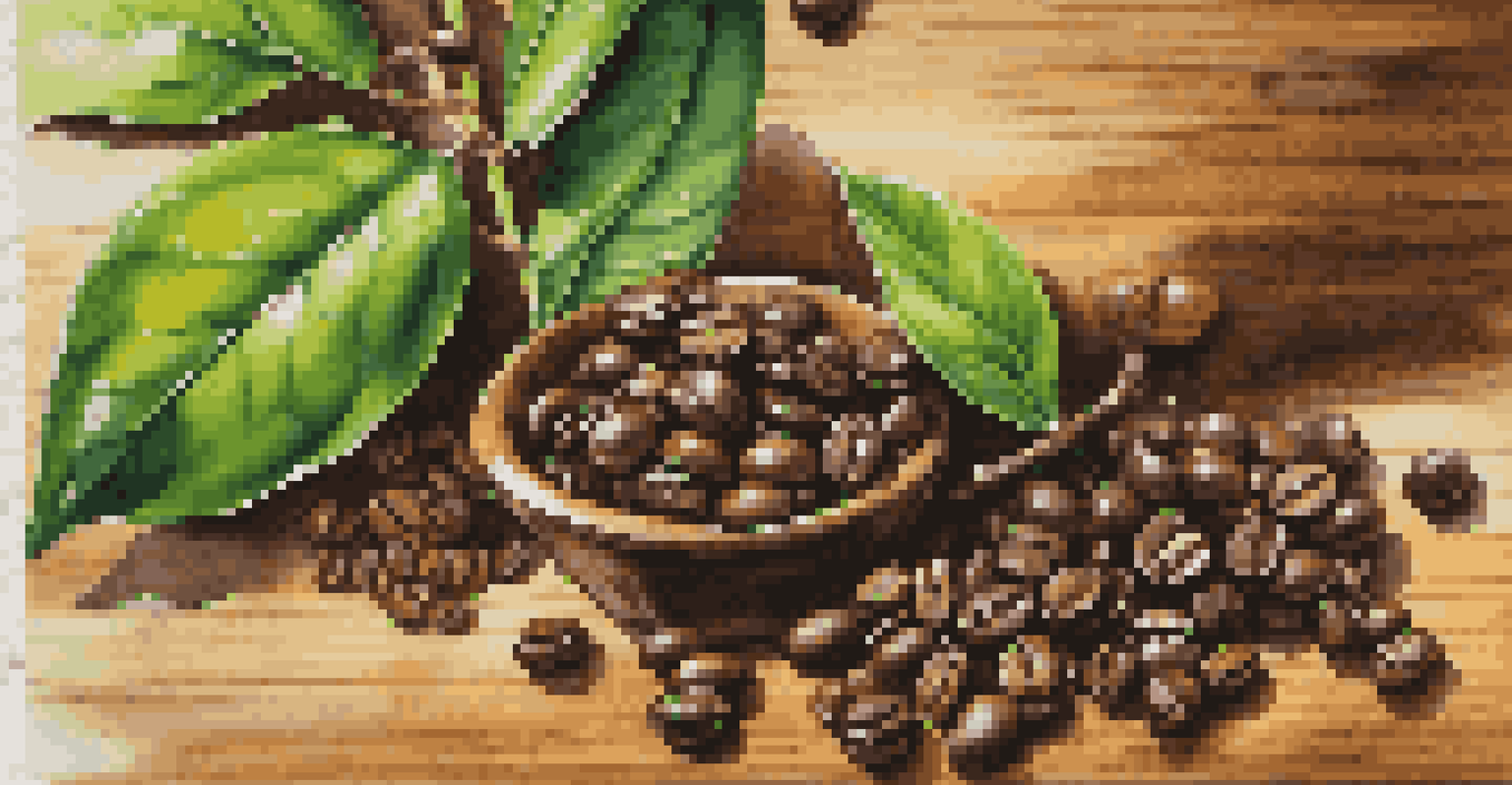 A close-up view of fresh green tea leaves and roasted coffee beans on a rustic wooden surface, showcasing the vibrant green and deep brown colors.