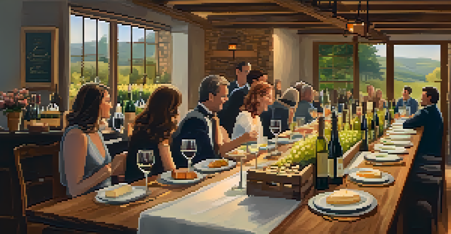 An indoor wine tasting event with guests around a wooden table filled with wine bottles and cheeses, accompanied by warm lighting and rustic decorations.
