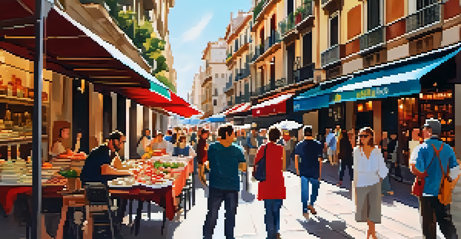 A local guide leading a small group on a food tour in Barcelona, surrounded by vibrant market stalls and tapas.