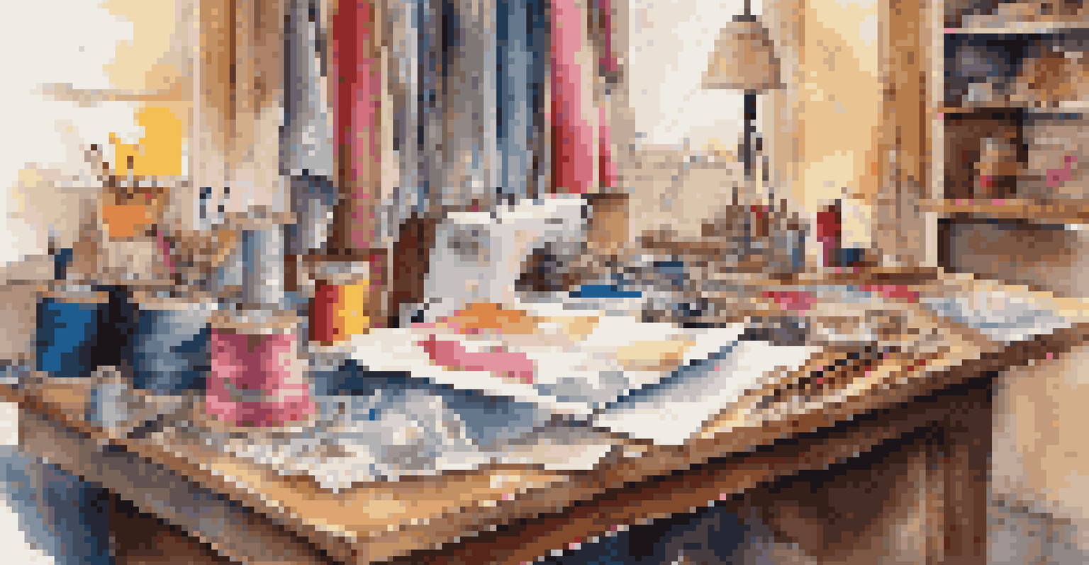 A close-up of a fashion designer's workspace with colorful fabrics and sketches on a wooden table, illuminated by warm lighting.