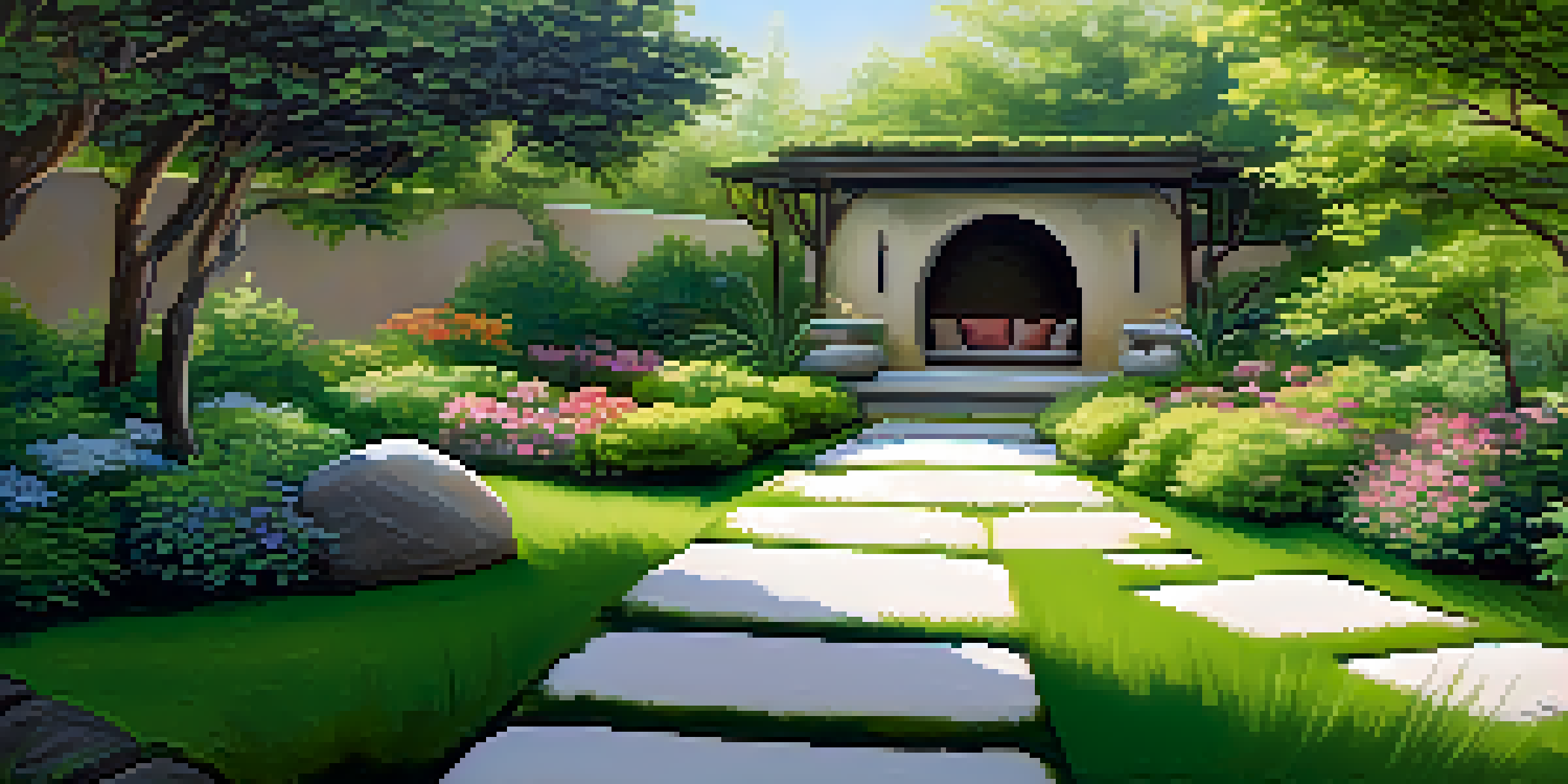 A peaceful garden with winding paths, greenery, and a water feature, designed for mindfulness and meditation.