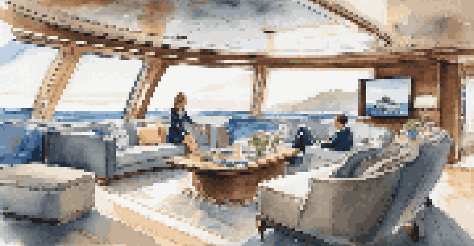 Guests on a luxury yacht participating in virtual meetings with ocean views and modern decor.