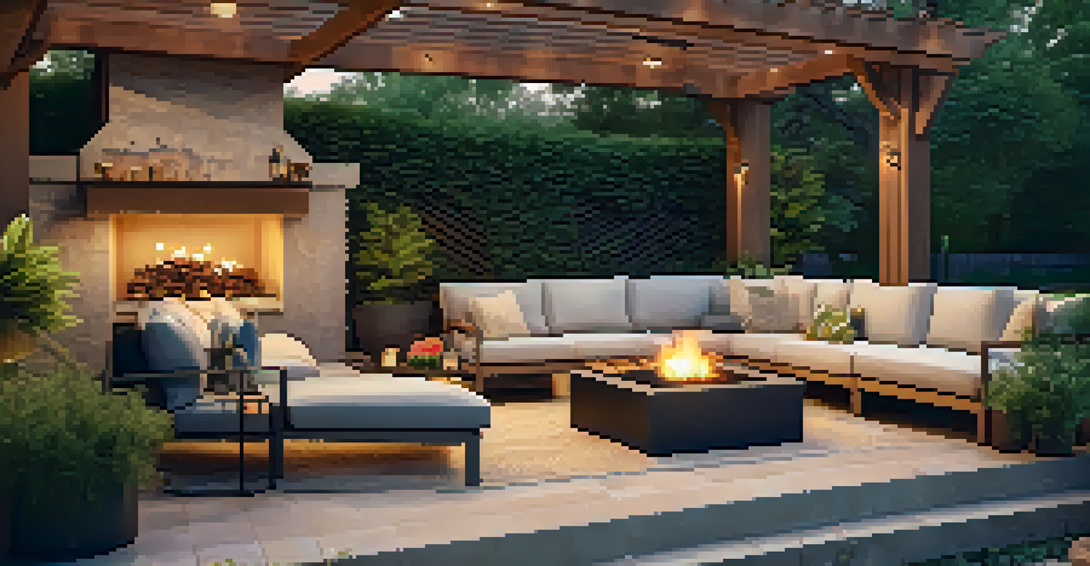 A beautifully designed outdoor patio featuring a grill, seating, and a fire pit, surrounded by greenery and illuminated by string lights at sunset.