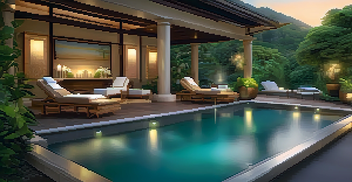 A serene outdoor spa at a luxury wellness retreat with lush greenery, a massage table with flowers, and a water feature in the background.