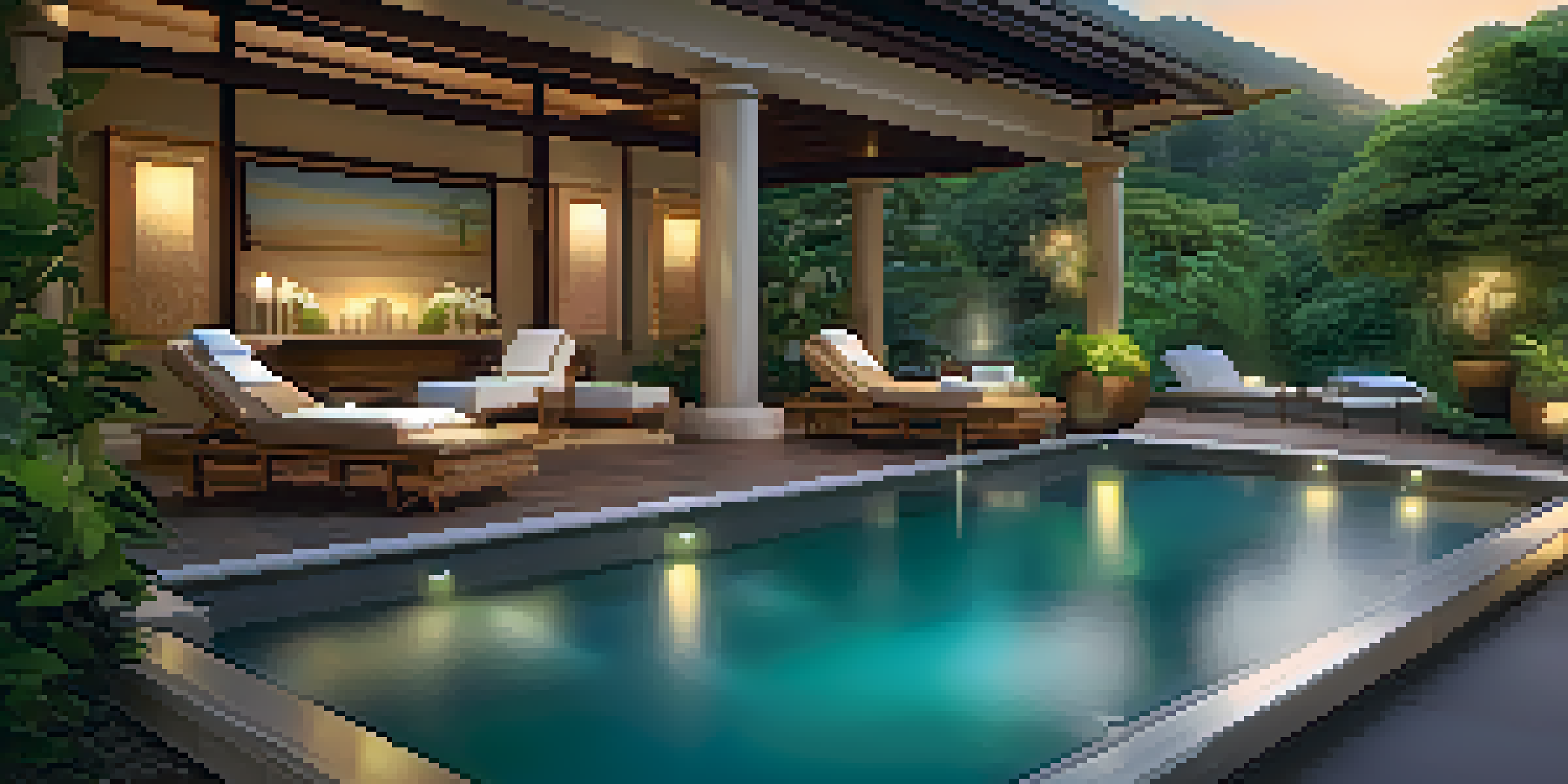 A serene outdoor spa at a luxury wellness retreat with lush greenery, a massage table with flowers, and a water feature in the background.