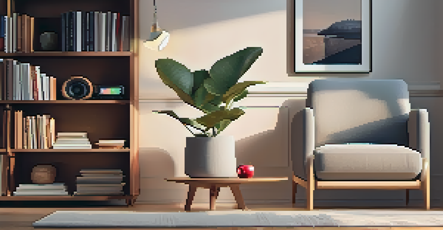 A cozy home setup with an Apple HomePod Mini on a side table next to an armchair.